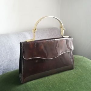 ❌SOLD❌Vintage evening purse, patent tortoise-shell, gold-tone handle.
